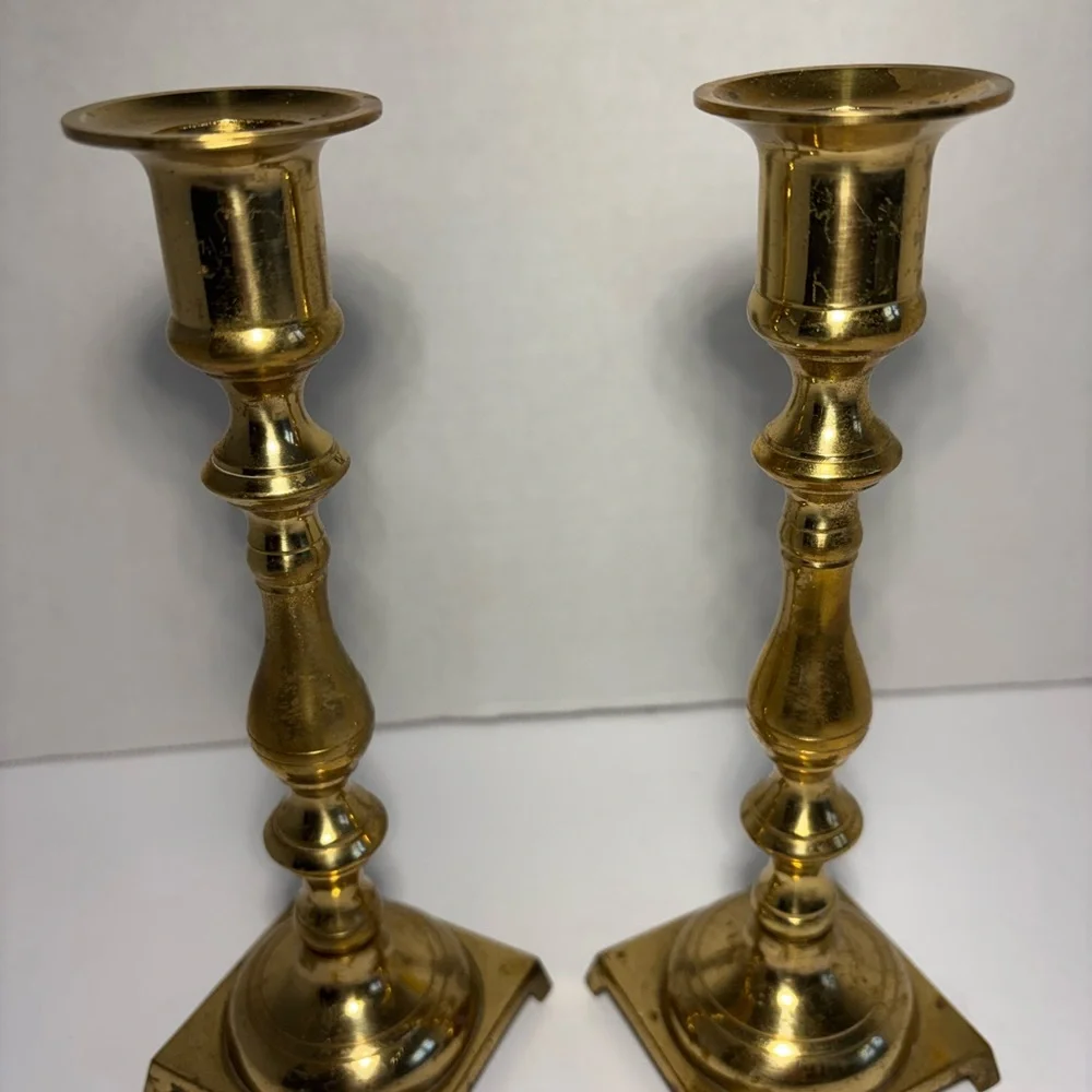 Vintage Brass Candlestick Holders Japan Square Base 7.5” Set Of Two